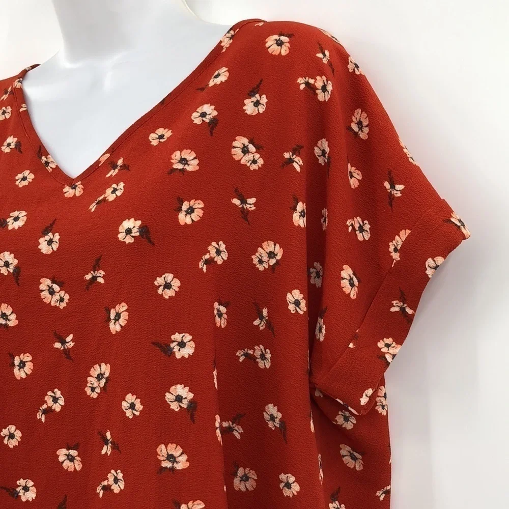 Pink Rose Semi Sheer Short Sleeved Floral Print V-Neck Blouse Size XL